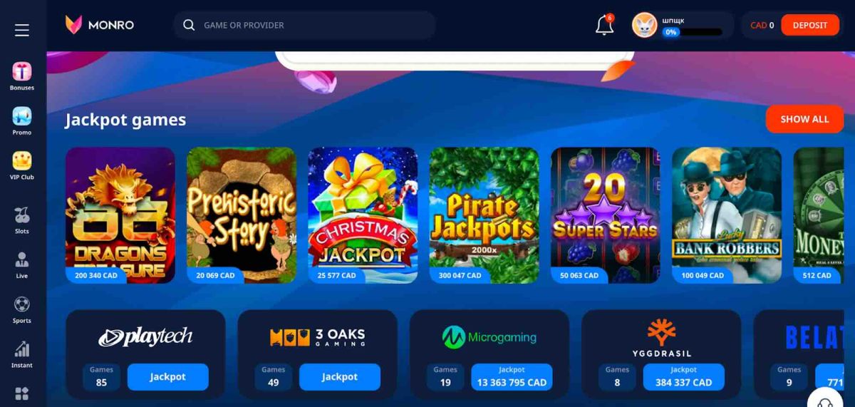 MONRO Casino interface